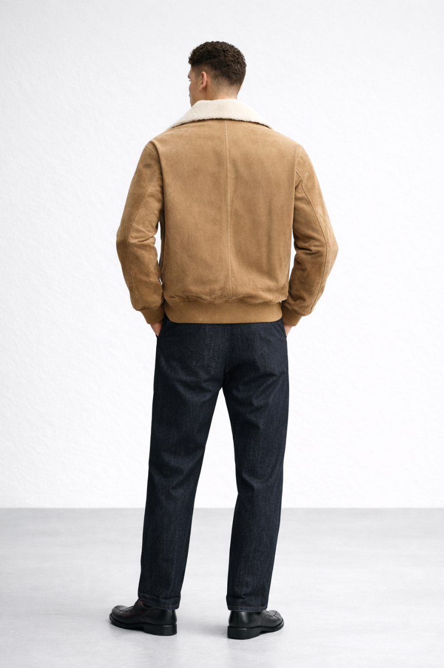 Tosen Fleece Trim Suede Leather Jacket