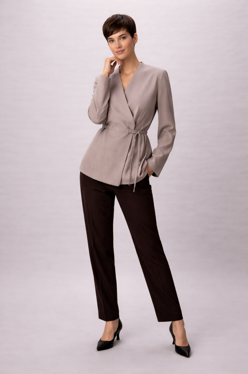 Velmora Sculpted Collarless Wrap Blazer with Tie Detail