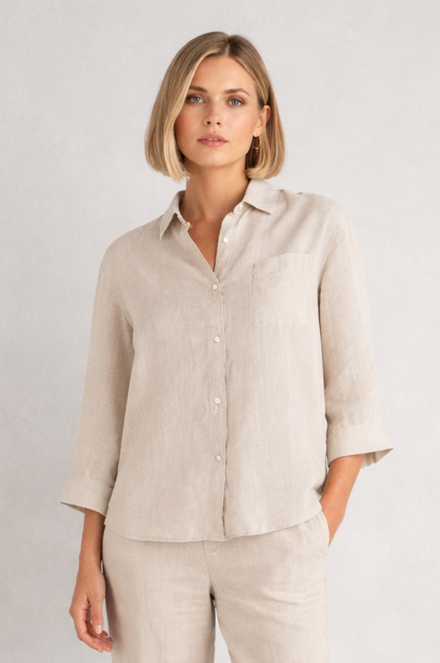 Vienna Linen 3/4 Sleeve Button Down Top