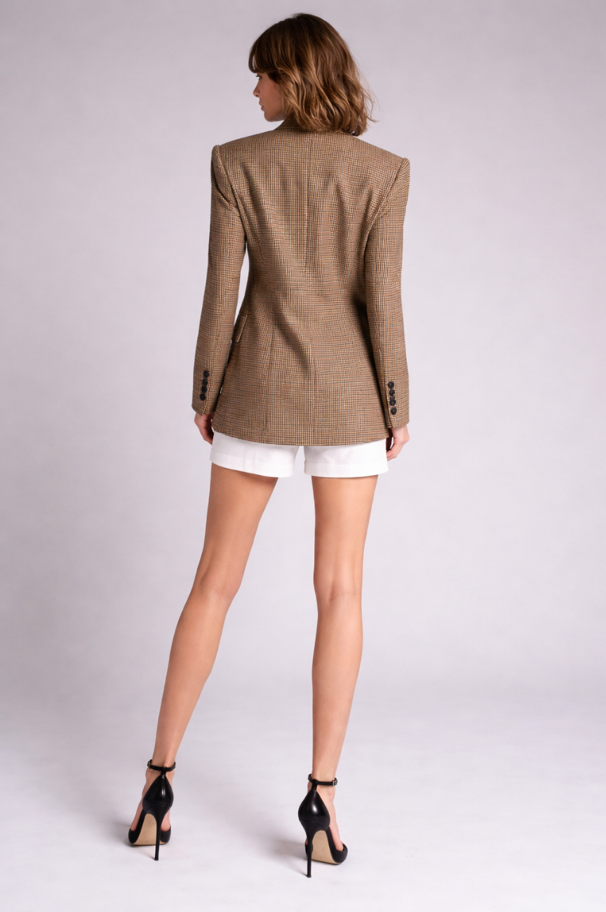 Vionara Draped Cross-Front Power Jacket in Earthy Check